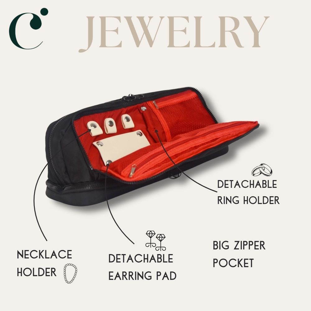 Built-in jewelry organizer prevents tangled necklaces while traveling
