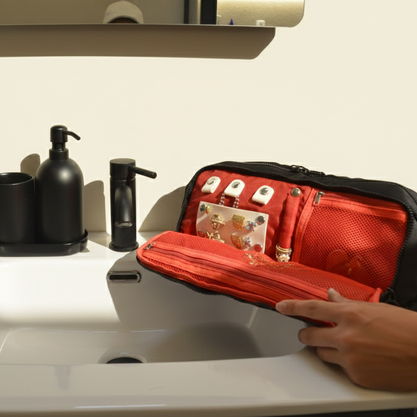 Built-in jewelry organizer prevents tangled necklaces while traveling