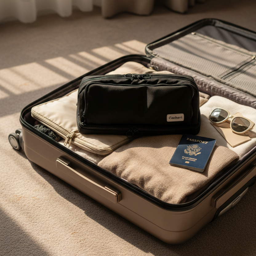 Cacheri travel toiletry bag for women with heat resistant pocket