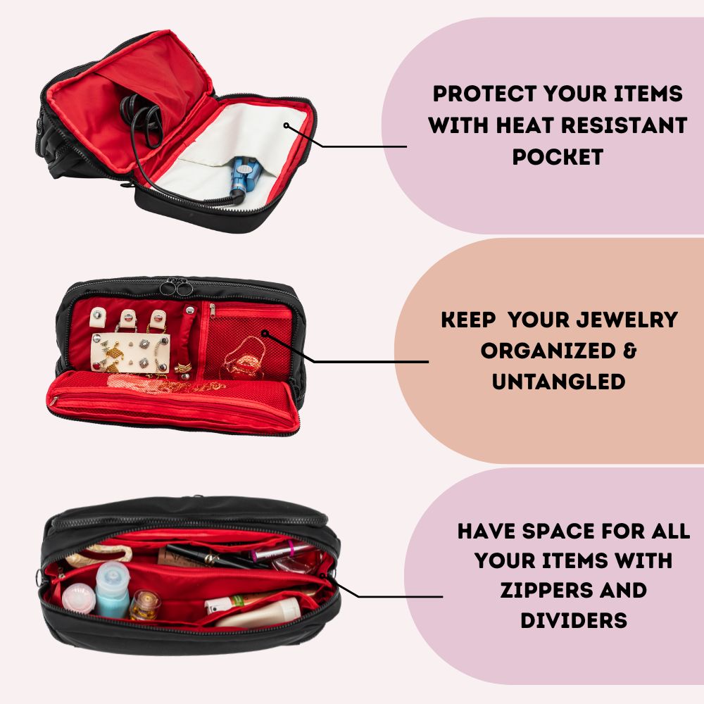 Protect your items with Heat Resistant Pocket, Keep your jewelry Organized and untangled. Have space for all your items with zippers and dividers. The best toiletry bag in the market. For travel or storage of your jewelry, hot or hair tools and make up.