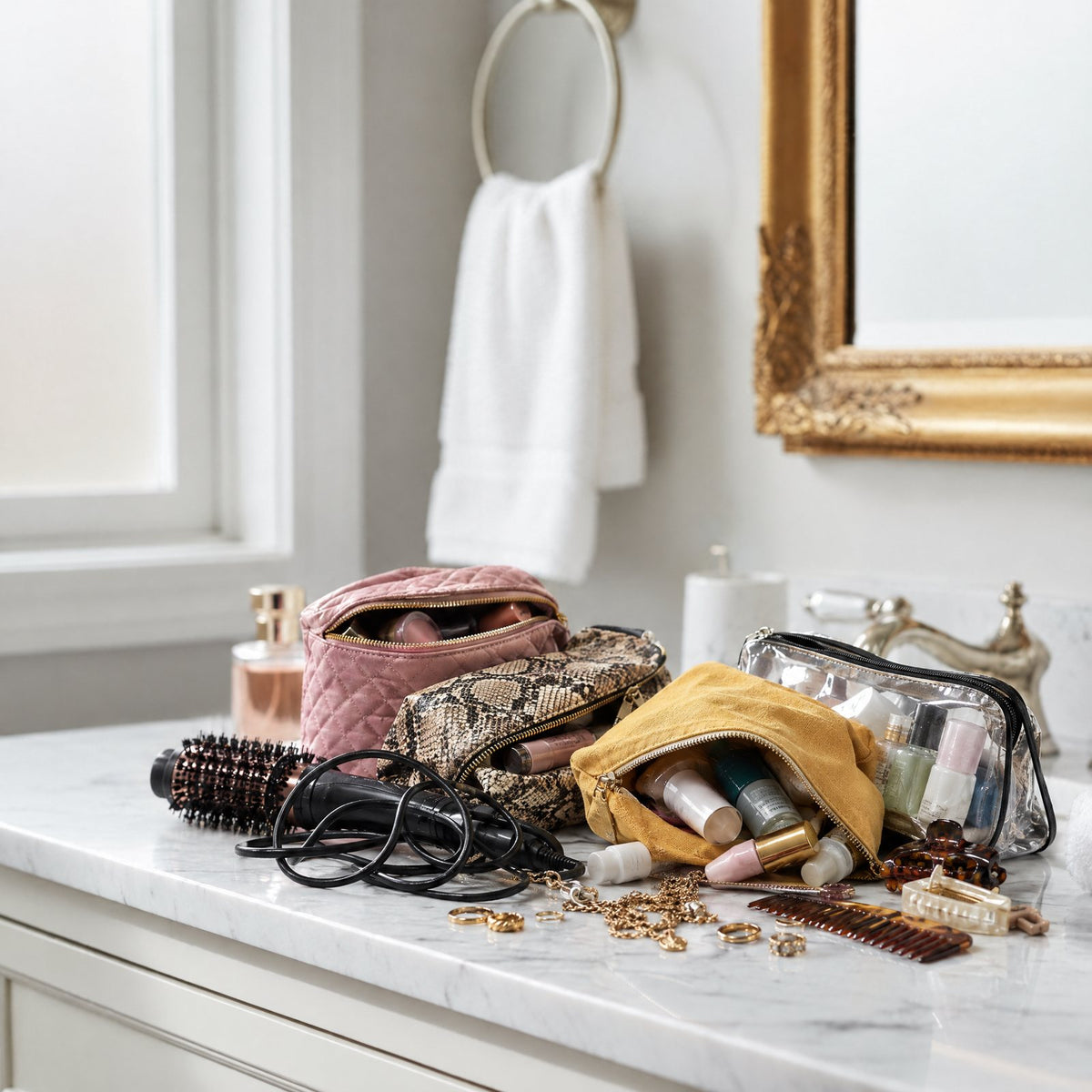 Four separate pouches, a hot brush and loose jewelry cluttering the same counter